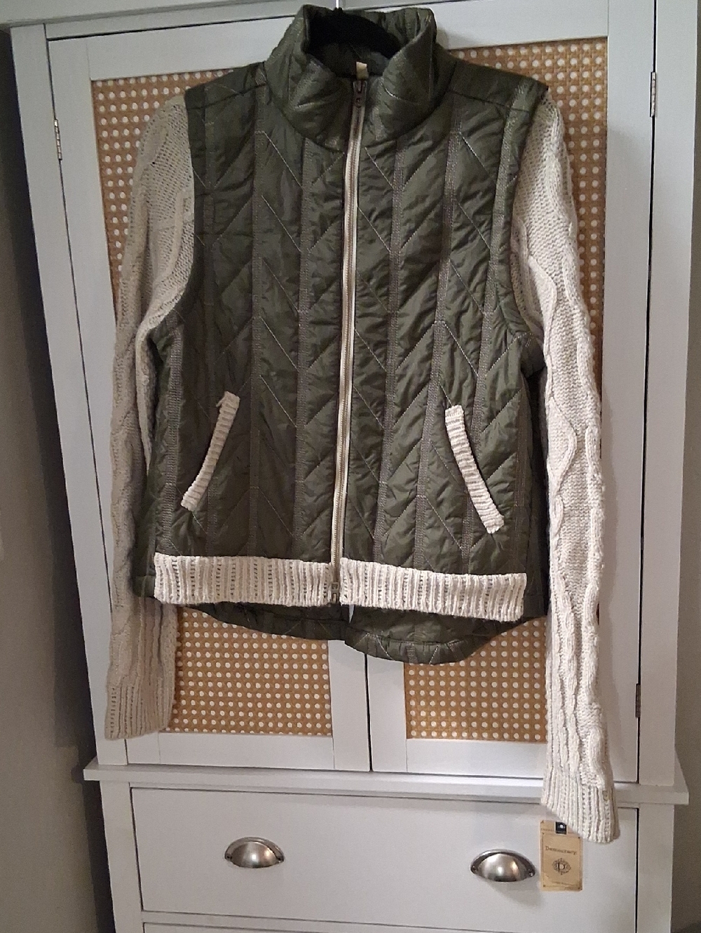 Democracy Olive Green Quilted Jacket with Cream Trim
